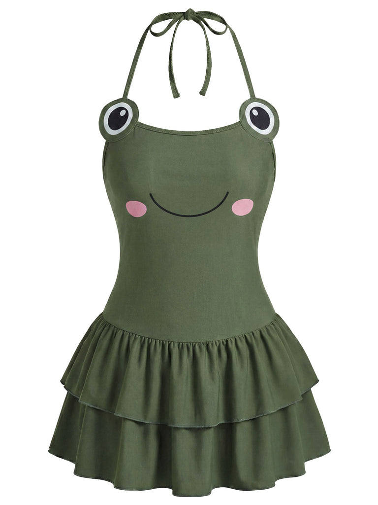 Grüner 50er Badeanzug mit Rüschen und Neckholder
