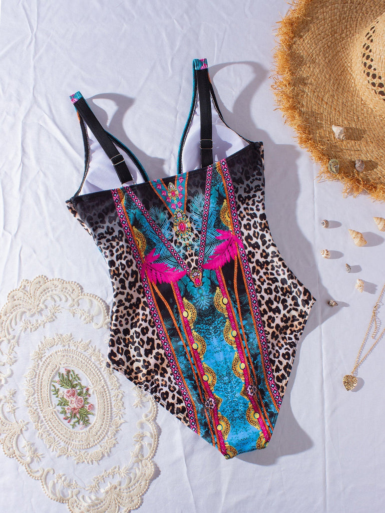 80er Badeanzug mit Leoparden-Print und tiefem V-Ausschnitt
