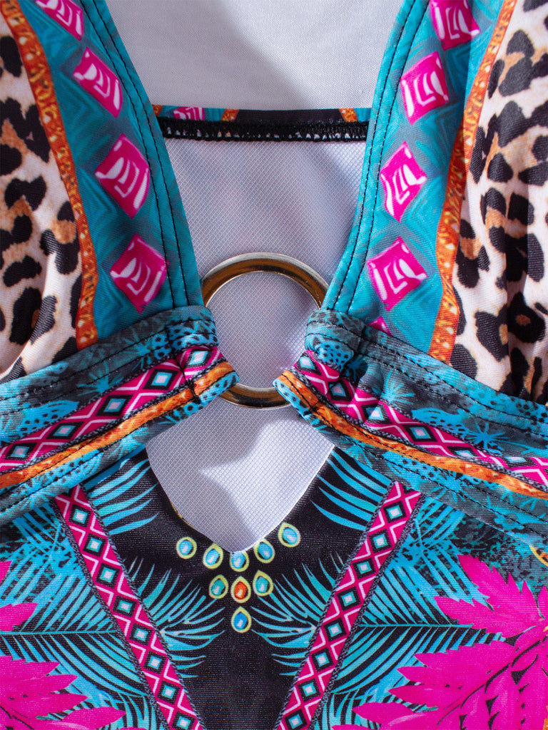 80er Badeanzug mit Leoparden-Print und tiefem V-Ausschnitt