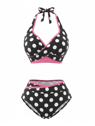 Schwarz 80er Bikini-Set & Shorts mit Polka-Dots und Wickel