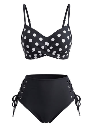 Schwarz 50er Bikini-Set & Shorts mit Polka-Dots und Hohe Taille