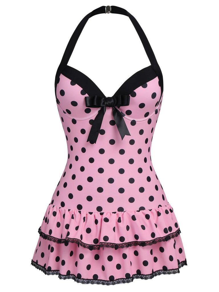 [Übergröße] Rosa 1940er Polka Dots Hater Badeanzug