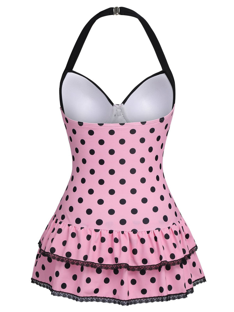 [Übergröße] Rosa 1940er Polka Dots Hater Badeanzug