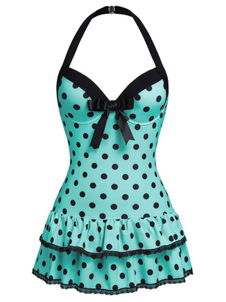 Blau 1940er Halter Polka Dots Schleife Einteiliger Badeanzug