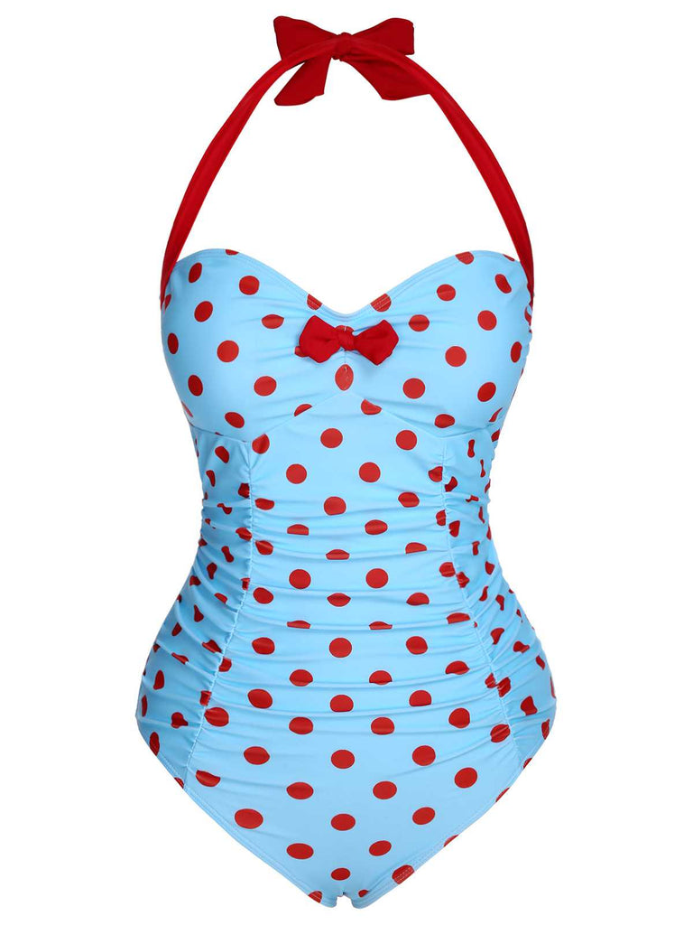 [Vorverkauf] 1940er Halter Kontrast Polka Dots Einteiliger Badeanzug