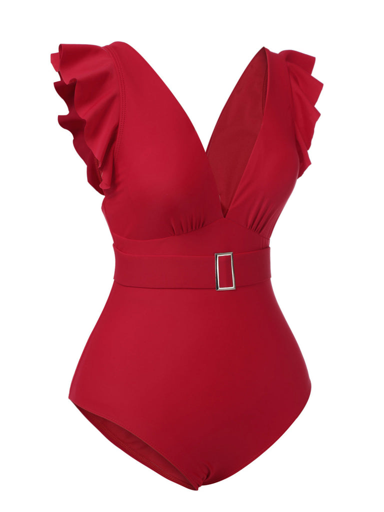 [Vorverkauf] Rot 1950er Solide Tief V-Ausschnitt Gürtel Badeanzug