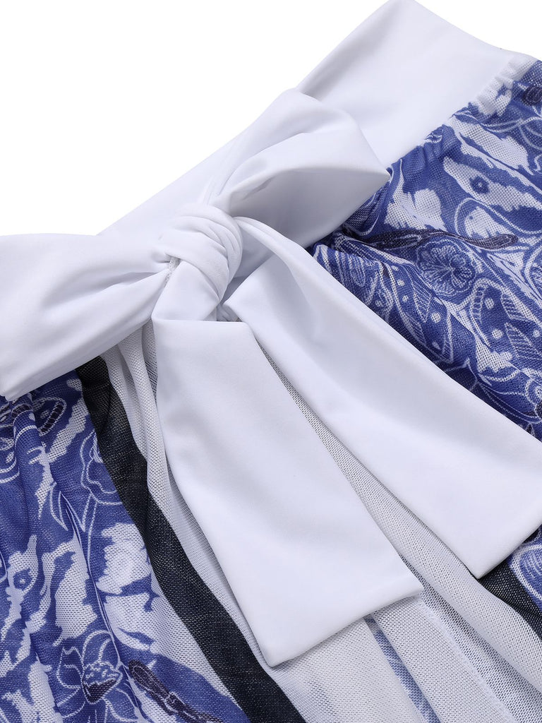 [Übergröße] 1960er Blau & Weiß Porzellan Badeanzug & Cover-up