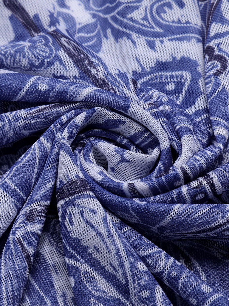 [Übergröße] 1960er Blau & Weiß Porzellan Badeanzug & Cover-up