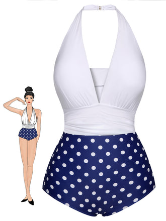 Blau & Weiß 1950er Polka Dots Halter Badeanzug