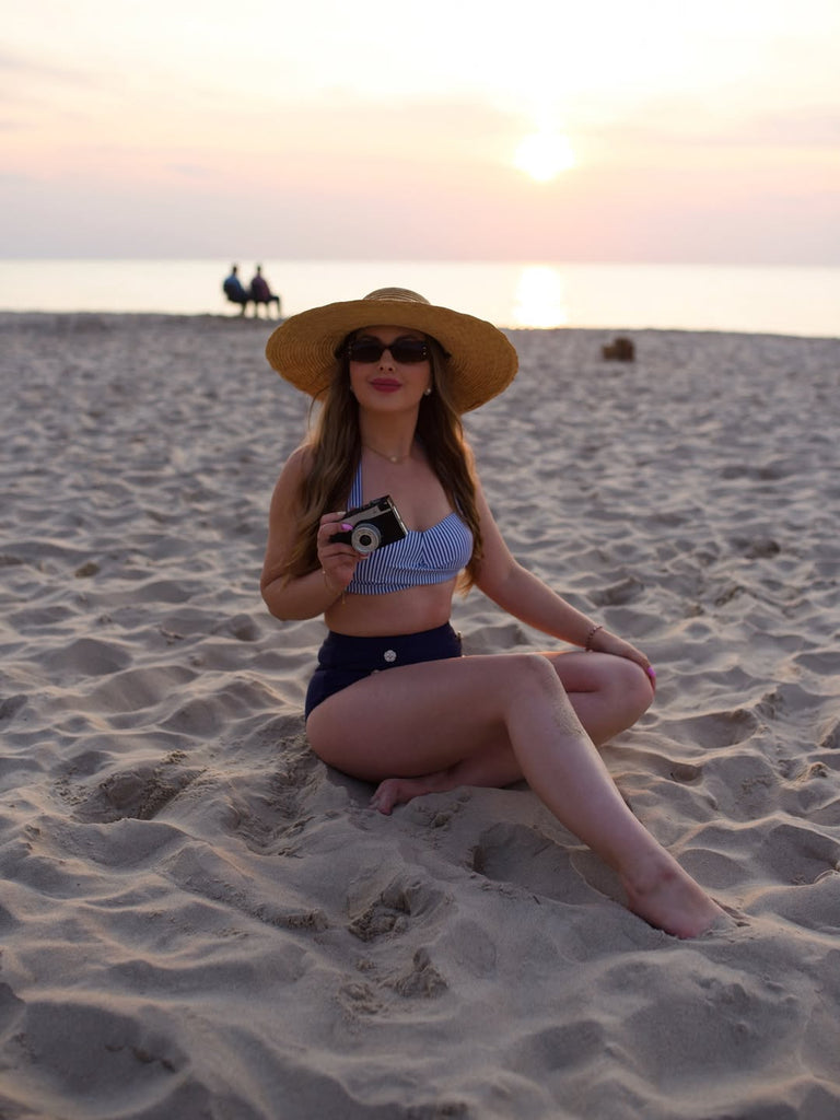 Blau 1940er Gestreifter Träger Badeanzug