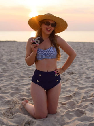 Blau 1940er Gestreifter Träger Badeanzug