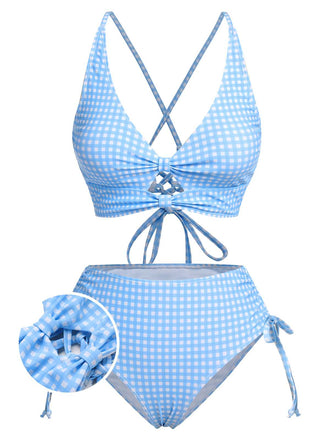 Blau 1950er Spaghetti Träger Plaids Badeanzug