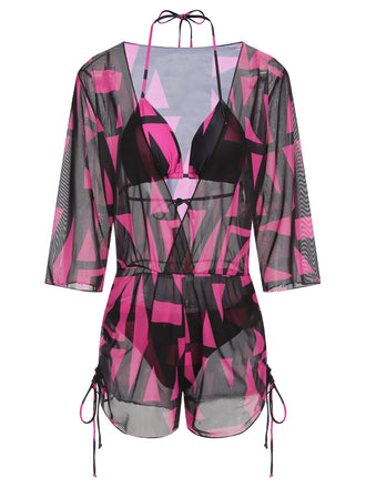 3PCS Rosenrot 1960er Geometrisch Bikini Set & Cover-Up