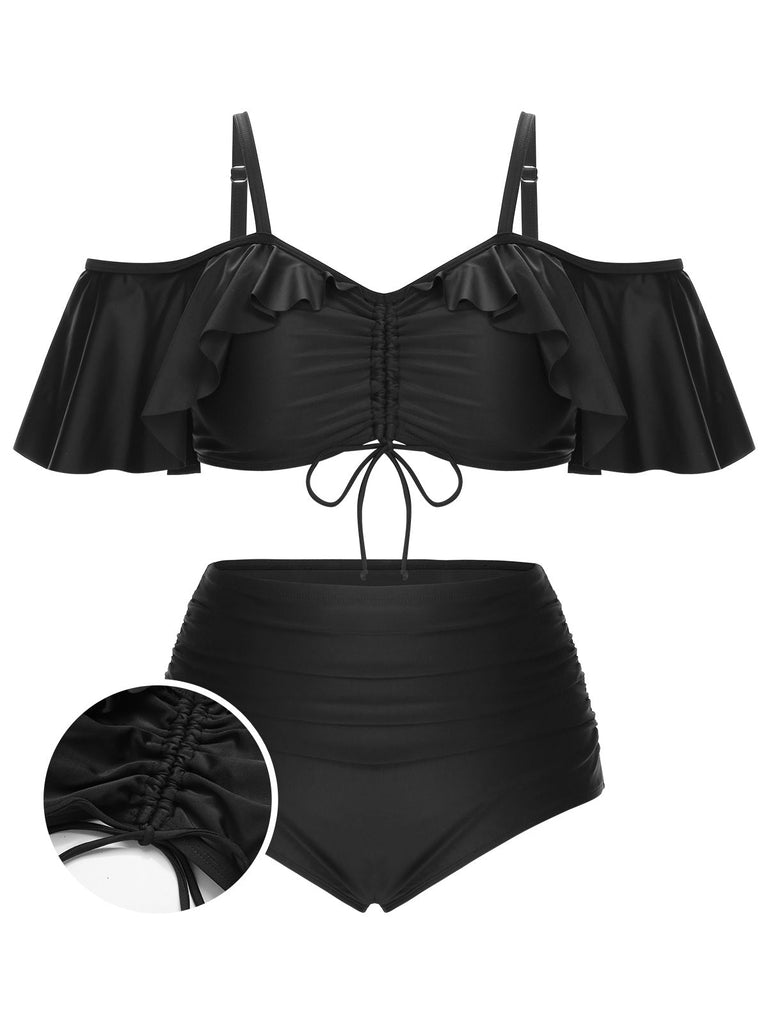 [Übergröße] Schwarz 1950er Gurt Dolman-Ärmeln Badeanzug