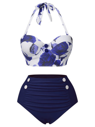 Blau 1960er Halter Roses Badeanzug