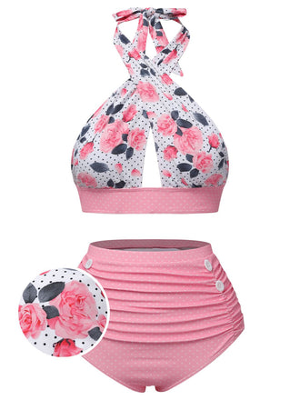 Rosa 1940er Blumen Cross Halter Badeanzug