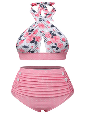 [Große Größen] Rosa 1940er Blumen Cross Halter Badeanzug