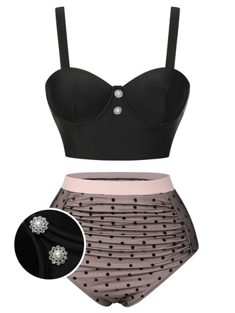 Schwarz 1960er Polka Dots Masche Badeanzug