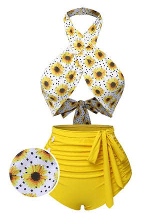 Gelb 1950er Sonnenblume Kreuzhalter Badeanzug