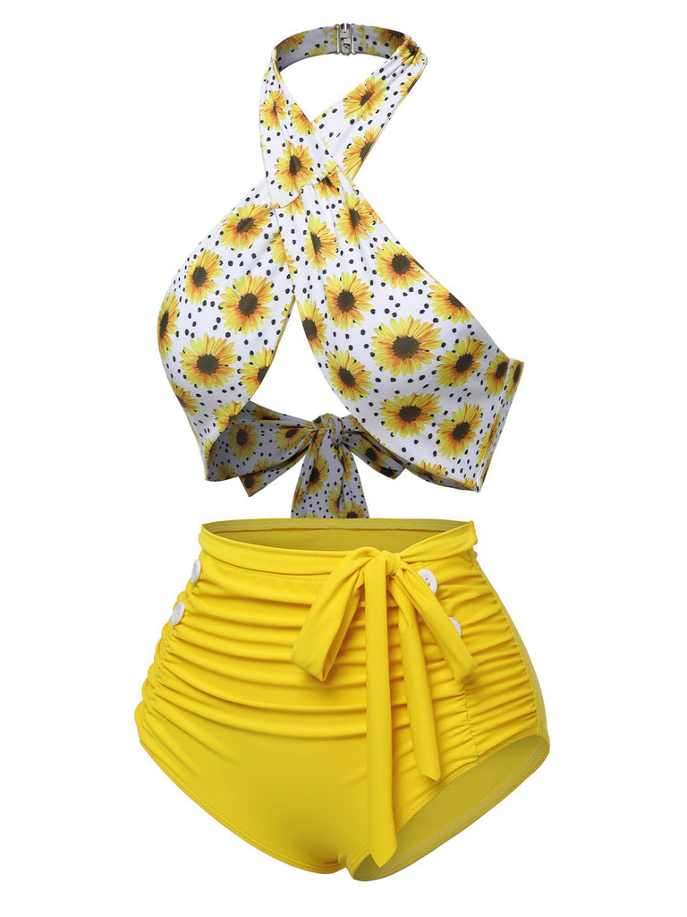 [Vorverkauf] Gelb 1950er Sonnenblume Kreuzhalter Badeanzug