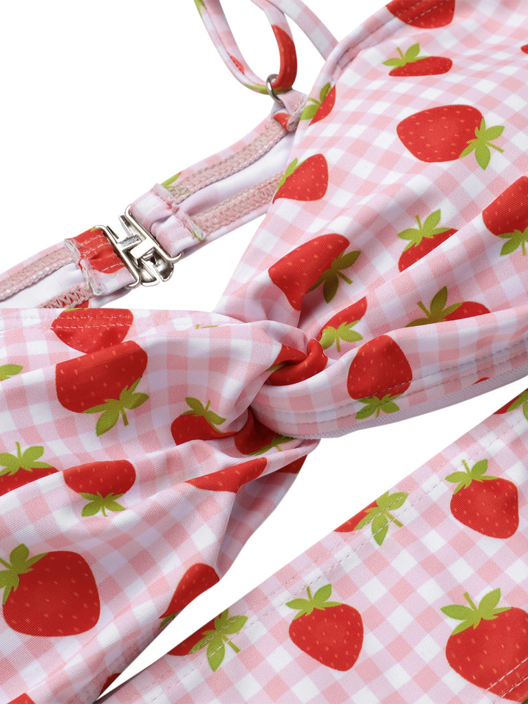 [Vorverkauf] Rosa 1960er Erdbeere Plaid Gurt Badeanzug
