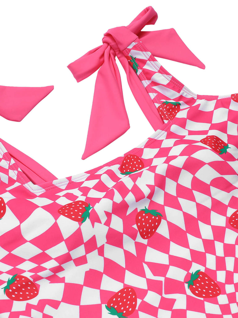 [Vorverkauf] Rosa 1960er Erdbeere Plaid Einteiliger Badeanzug