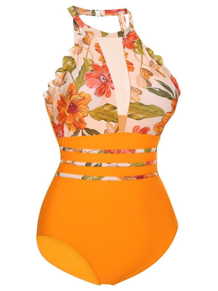 Orange 1960er Halter Blumen Einteiliger Badeanzug