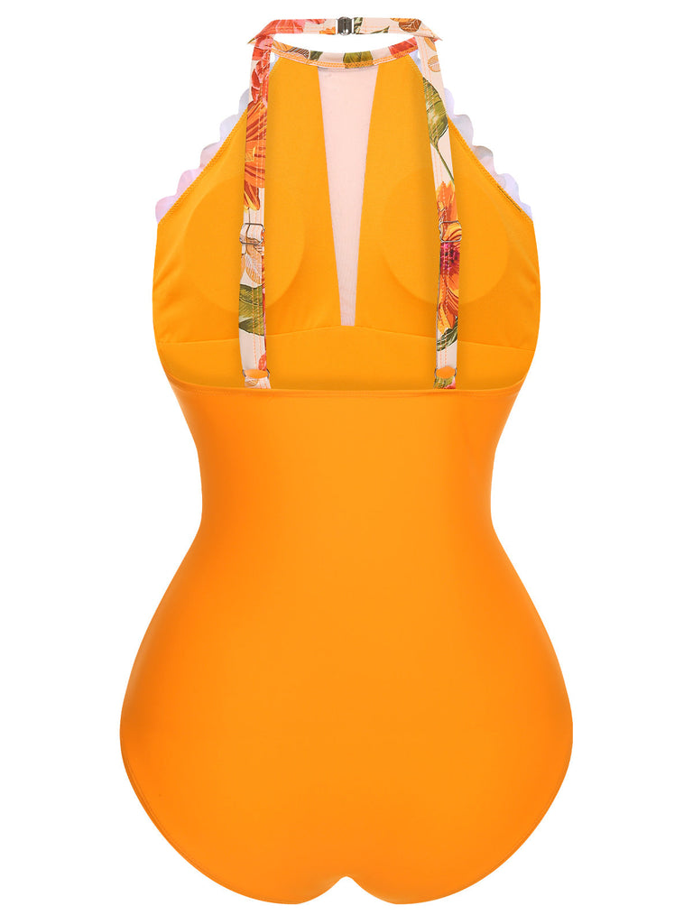 Orange 1960er Halter Blumen Einteiliger Badeanzug