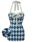 Blau Grau 1950er Argyle Halter Einteiliger Badeanzug