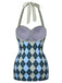 Blau Grau 1950er Argyle Halter Einteiliger Badeanzug