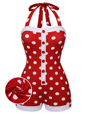 Rot 1950er Polka Dot Patchwork Halter Badeanzug