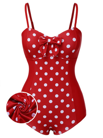 Rot 1950er Polka Dot Patchwork Gurt Badeanzug