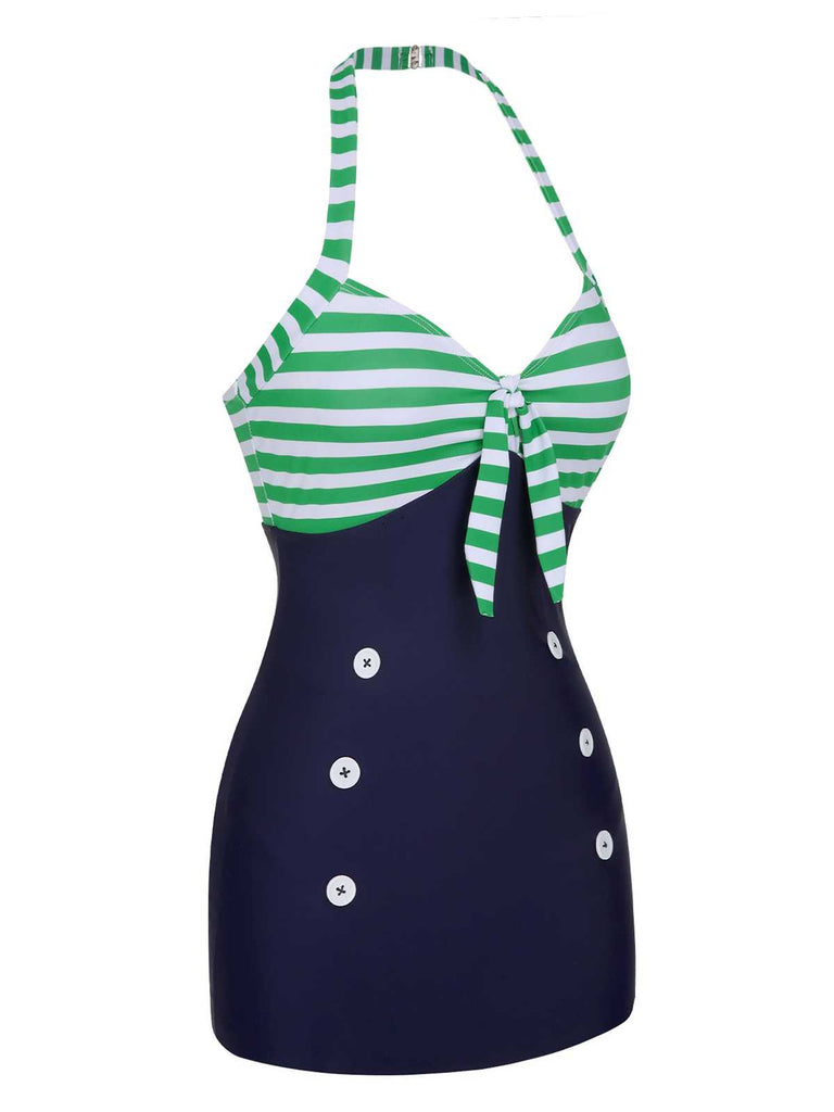 [Vorverkauf] 1960er Halter Streifen Tasten Einteiliger Badeanzug