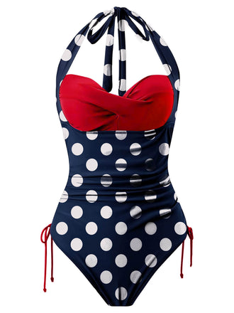 Blau & Rot 1950er Polka Dots Halter Badeanzug