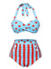 Blau 1940er Polka Dot Streifen Halter Badeanzug