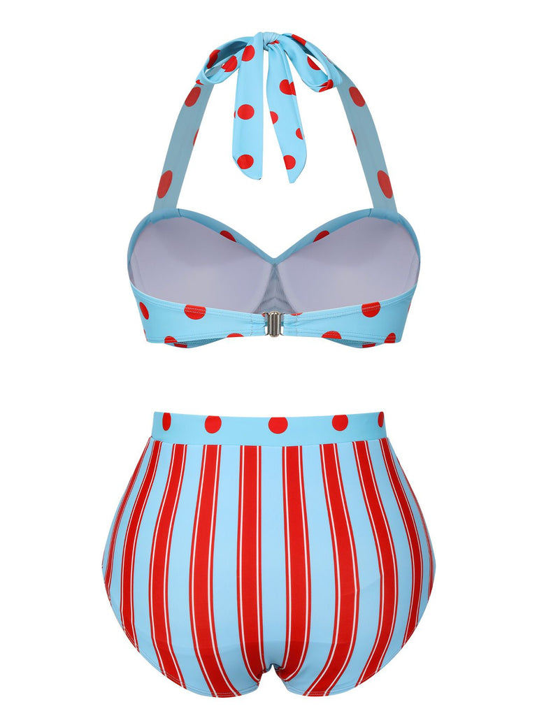 Blau 1940er Polka Dot Streifen Halter Badeanzug