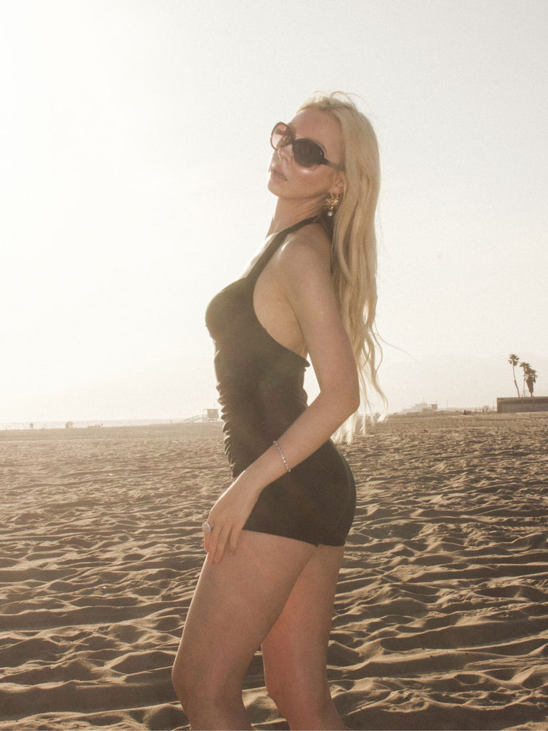 Schwarz 1950er Solide Halter Falten Badeanzug