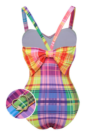 Multicolor 1970er Regenbogen Plaid Bogen Badeanzug