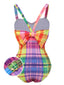 Multicolor 1970er Regenbogen Plaid Bogen Badeanzug