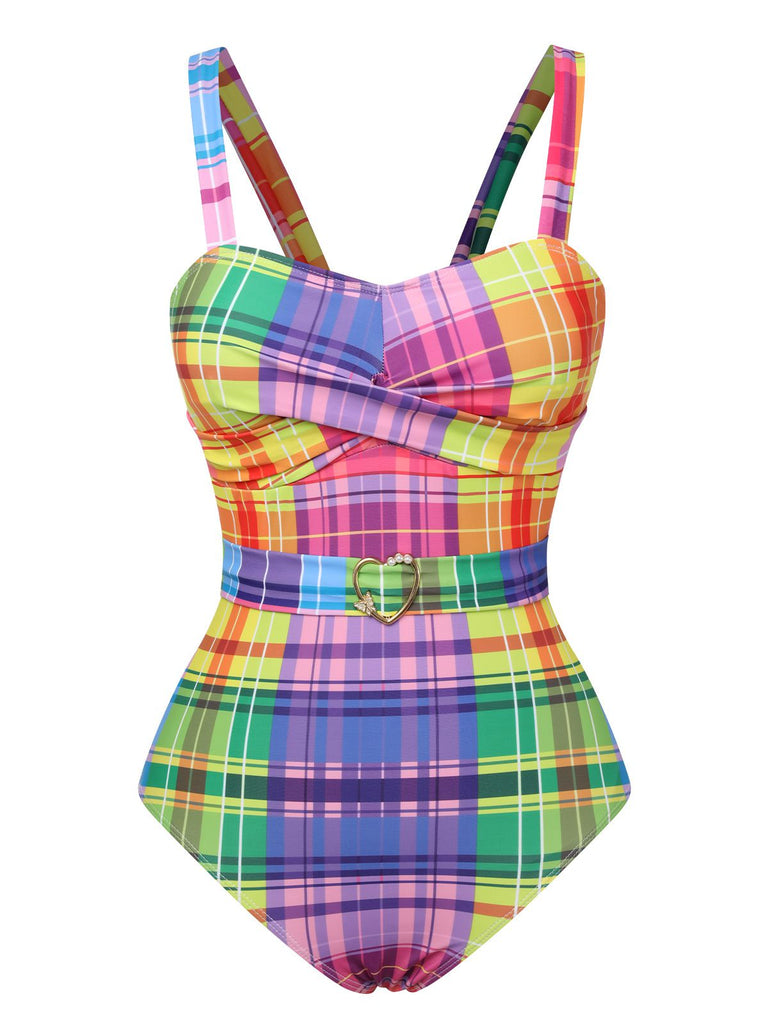 Multicolor 1970er Regenbogen Plaid Bogen Badeanzug