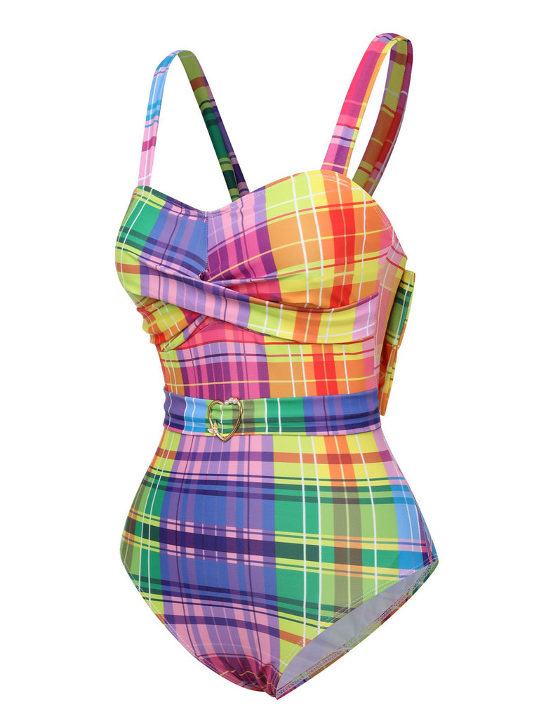 Multicolor 1970er Regenbogen Plaid Bogen Badeanzug