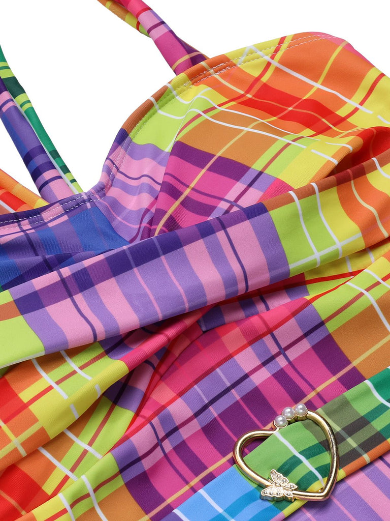 Multicolor 1970er Regenbogen Plaid Bogen Badeanzug