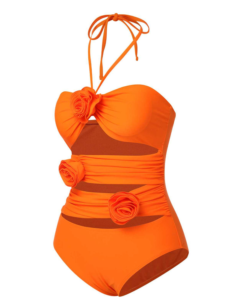 Orange Rot 1950er Halter 3D-Blumen Einteiliger Badeanzug