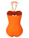 Orange Rot 1950er Halter 3D-Blumen Einteiliger Badeanzug