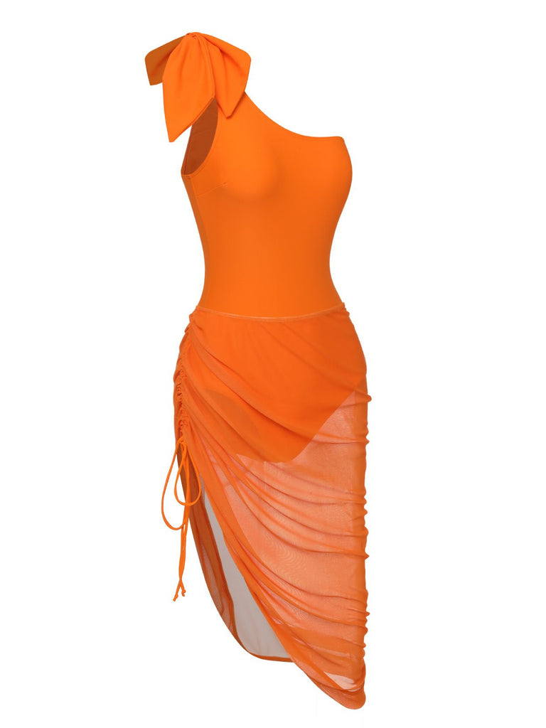 Orange 1940er Solide Badeanzug & High Low Cover-Up