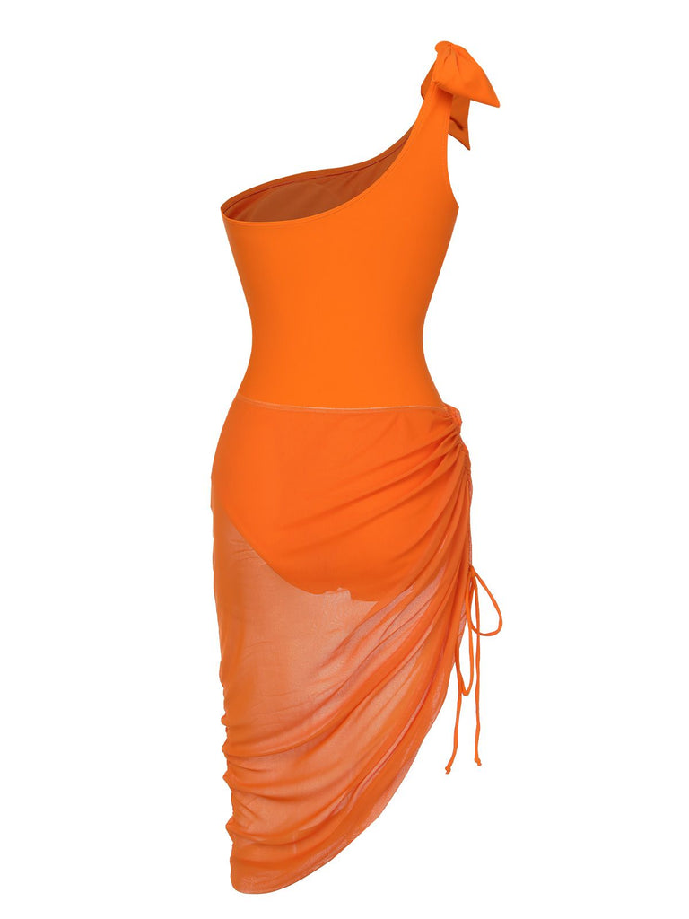 Orange 1940er Solide Badeanzug & High Low Cover-Up