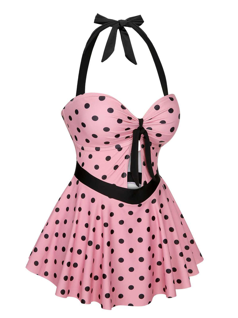 Rosa 1950er Halter Polka Dots Einteiliger Badeanzug