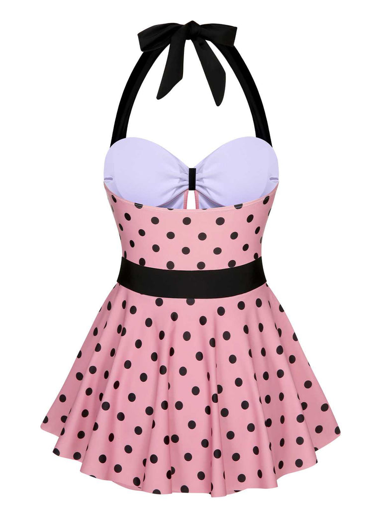 Rosa 1950er Halter Polka Dots Einteiliger Badeanzug