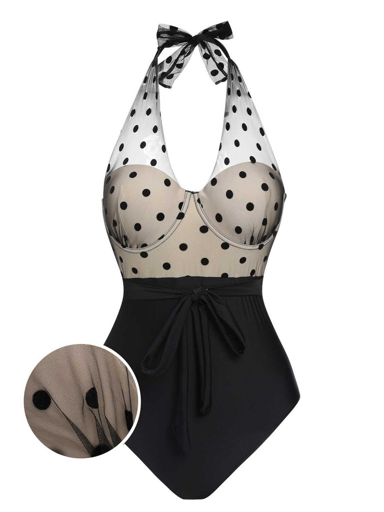 Schwarz 1950er Halter Polka Dots Masche Badeanzug