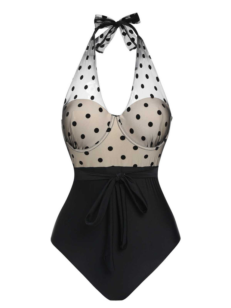 Schwarz 1950er Halter Polka Dots Masche Badeanzug